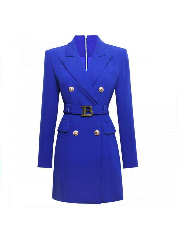 Spring and Autumn New Fashion High grade Solid Color Belt Long Sleeve Slim Fit Temperament Commuter Suit Dress Women 