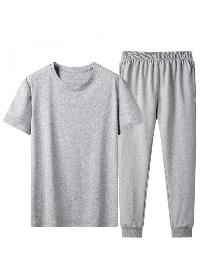 Summer ice porcelain cotton plain casual suit men's short-sleeved t-shirt loose large leggings 