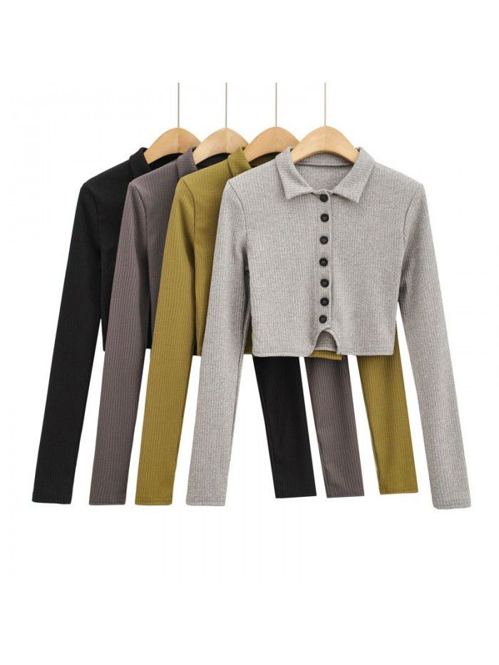 Polo polo collar long-sleeved blouse women's new style pure hot girl slim fit single breasted high waist exposed navel short t-shirt 