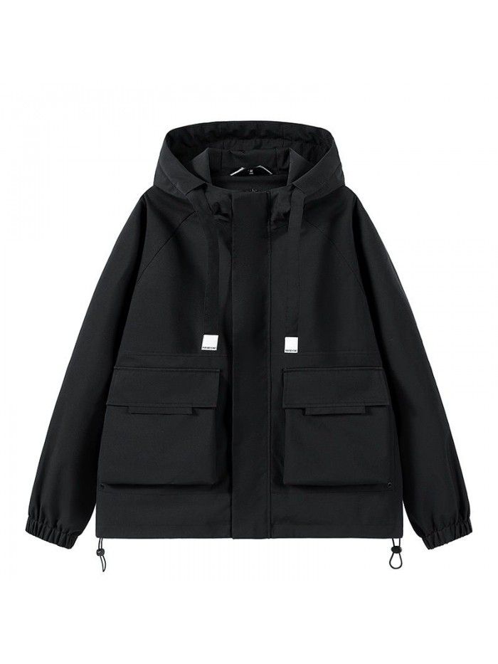 Workwear jacket, loose hooded multi pocket jacket, men's outdoor sports windbreaker, windproof solid color jacket