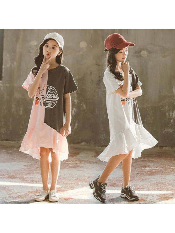 Summer Mid sized Girls' and Girls' Clothing Color Matching Letter T-shirt Short Sleeve Dress Children's Dress Parent-child Dress 