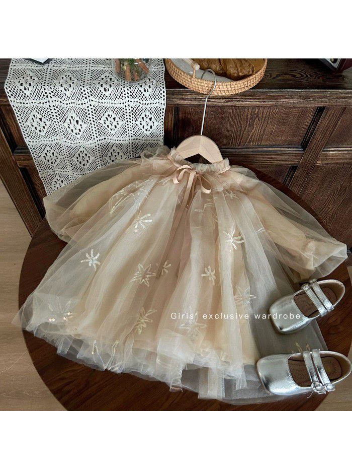 Korean Children's Wear New Autumn Girls' Mesh Princess Dress Lantern Sleeve Temperament Dress Sequin Birthday Dress 