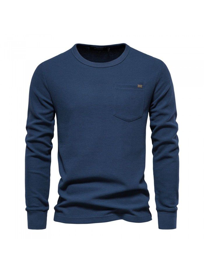 Spring and Autumn Men's Round Neck Pocket Waffle Long Sleeve Top Men's T-shirt 