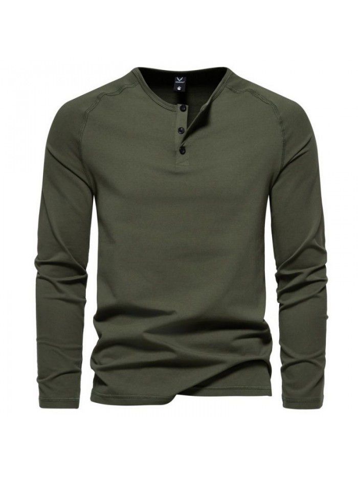 Autumn New Men's Henry Neck Long Sleeve T-shirt Large Casual Solid Underlay Shirt for Men 