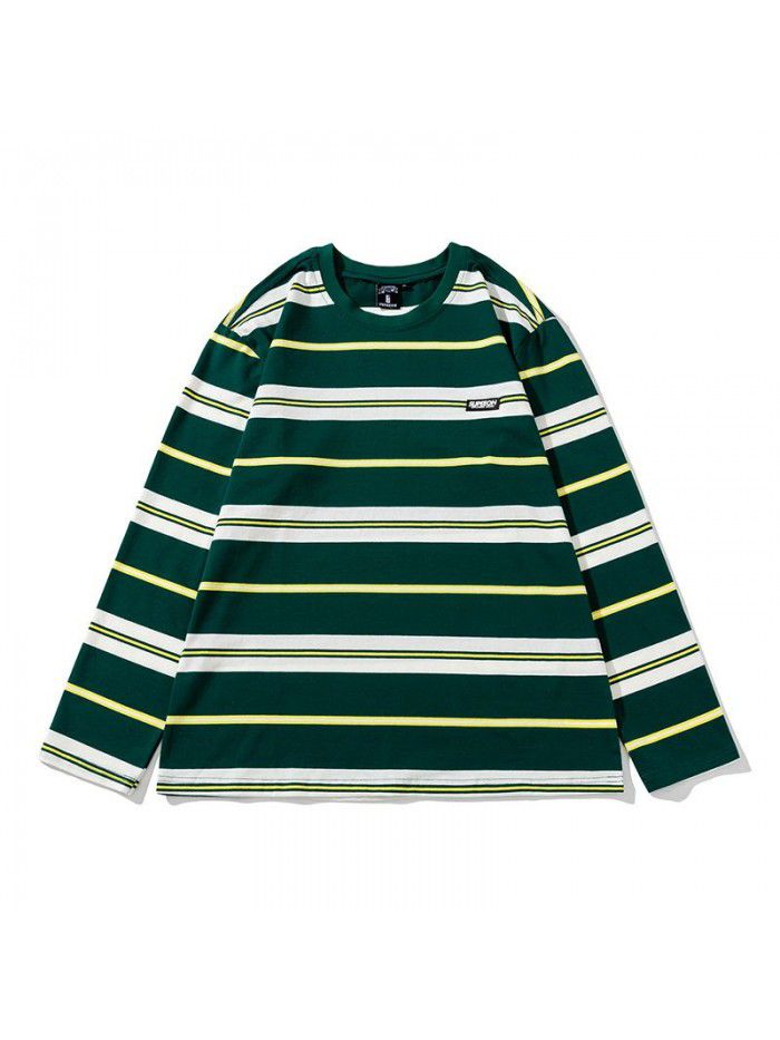 Men's retro street rainbow stripe t-shirt men's and women's loose fashion brand cotton long-sleeved couple round neck tee men 