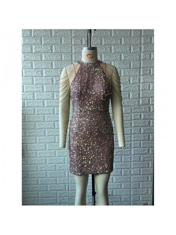 Sequin short dress dress spring and summer women's popular round neck sexy slim fringed dress 
