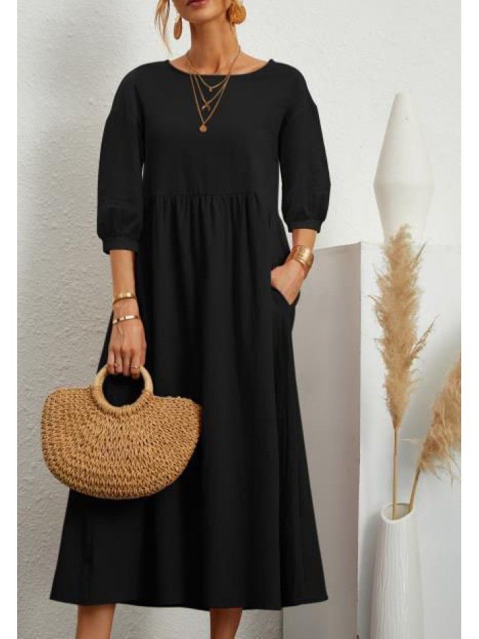 New Women's Solid Color Fashion Lantern Sleeves Loose Cotton Linen Pocket Dress 