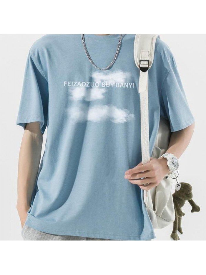 New pure cotton short sleeved T-shirt for men's creative trendy brand loose fitting men's half sleeved round neck T-shirt for men's clothing 