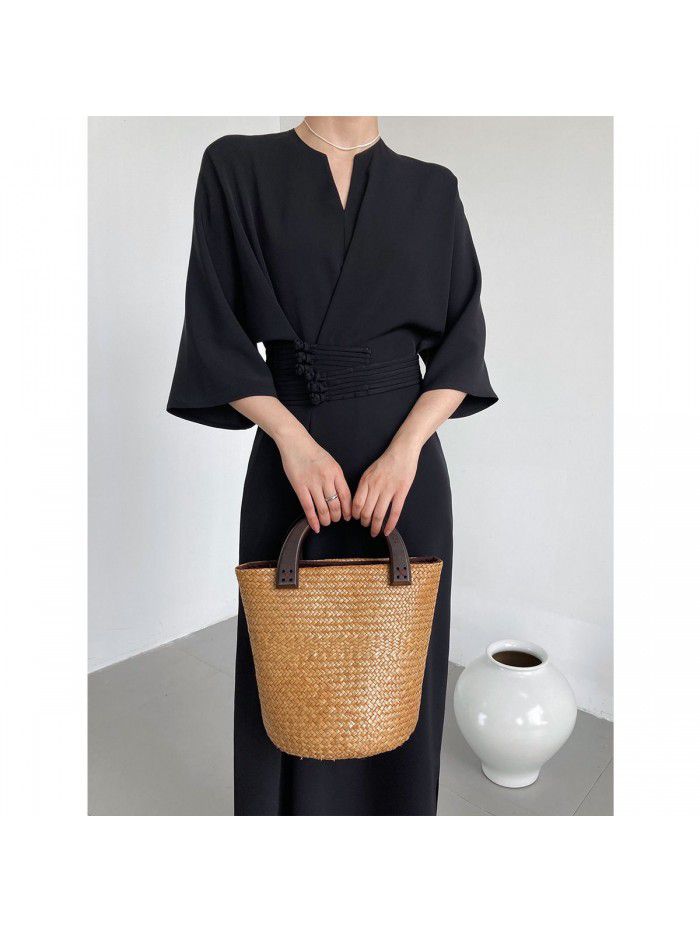 Elegant and high-end buckle waist tied straight tube dress with a new Chinese style Chinese style improved long skirt 