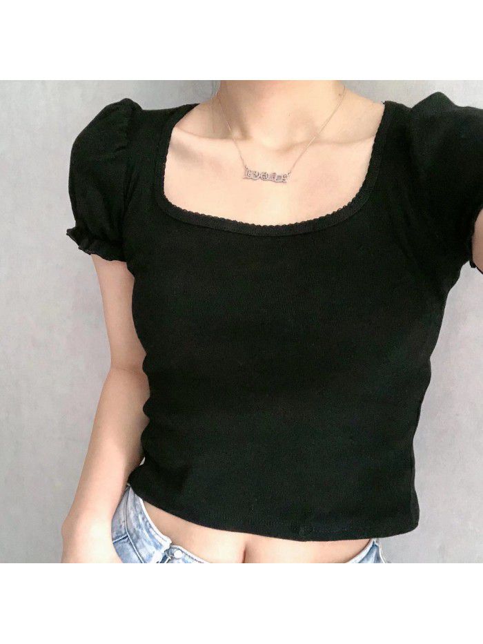 Small crowd design auricle edge bubble sleeve square collar exposed collarbone short sleeve T-shirt female 