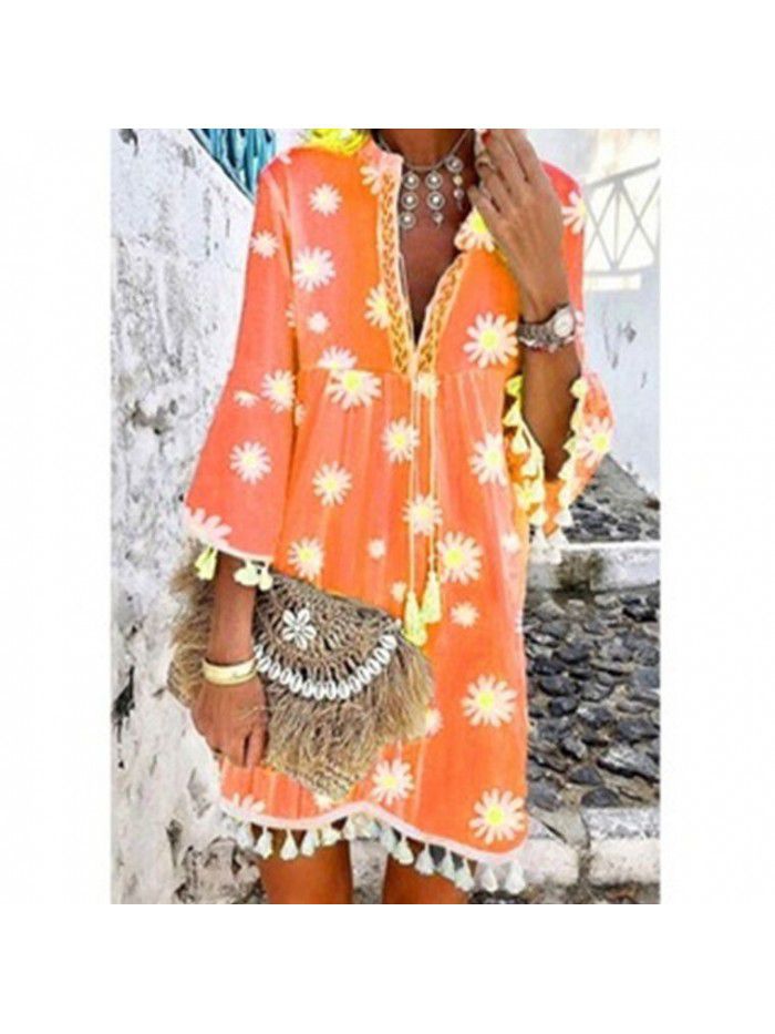 Summer New Hot Selling Print Daisy 3/4 Sleeve Tassel V-Neck Print Dress 