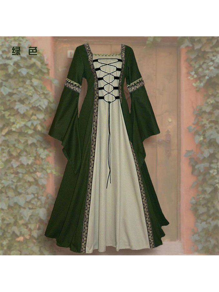 Square neck long sleeved flared sleeve lace up long style dress Gothic retro women's clothing 