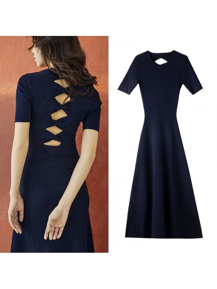 Spring/Summer New Open Back Mid length Knitted Dress Round Neck A-line Waist Waist Large Swing Long Dress 