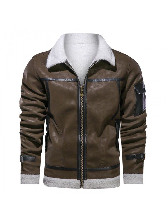 Flip collar plush leather jacket men's fur and fur integrated large leather jacket