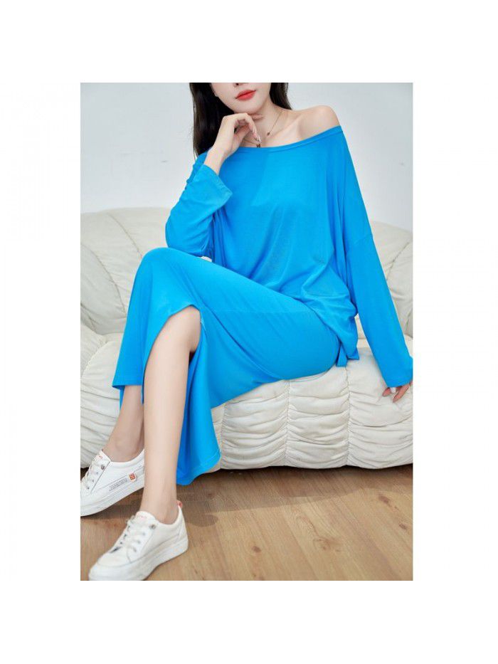 Loose body covering and slimming bat sleeve T-shirt with buttocks split high waist skirt and slimming dress set 
