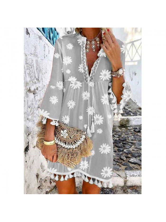 Summer New Hot Selling Print Daisy 3/4 Sleeve Tassel V-Neck Print Dress 