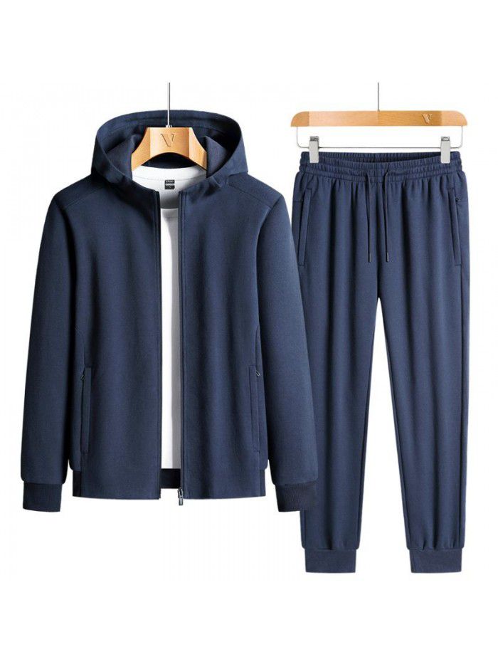 Spring and Autumn New Leisure Sports Pearl Cotton Large Set Men's Trendy Solid Hooded Set 