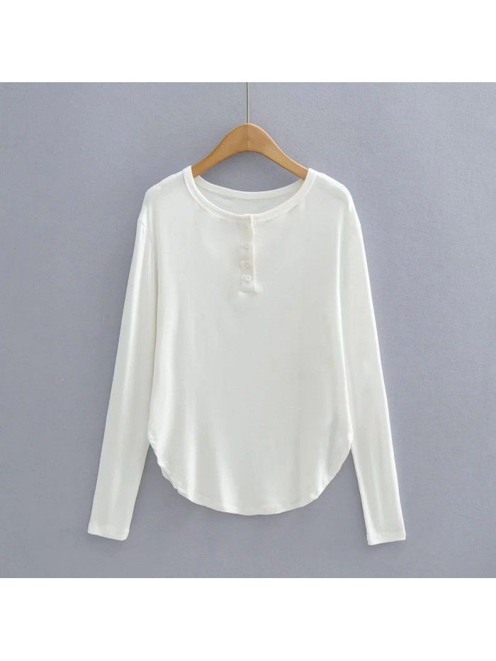 Spring and Summer New Women's Curved Bottom Access Control Three Button Round Neck Long Sleeve Loose Casual Long T-shirt Top 