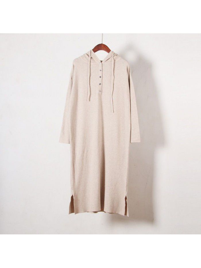 Hooded sweater knitted dress women's thickened autumn and winter casual medium length sweater long skirt over the knee 