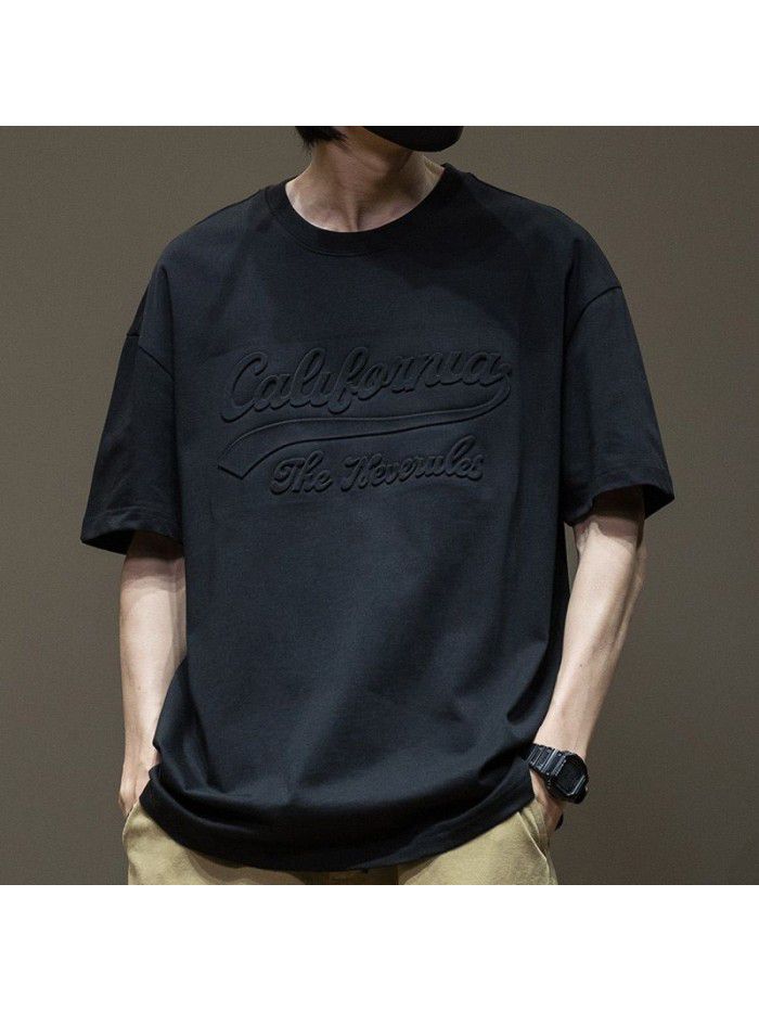 Black Short Sleeve T-shirt Men's Cotton Loose Large Men's Wear Men's Steel Print Boys' Top 