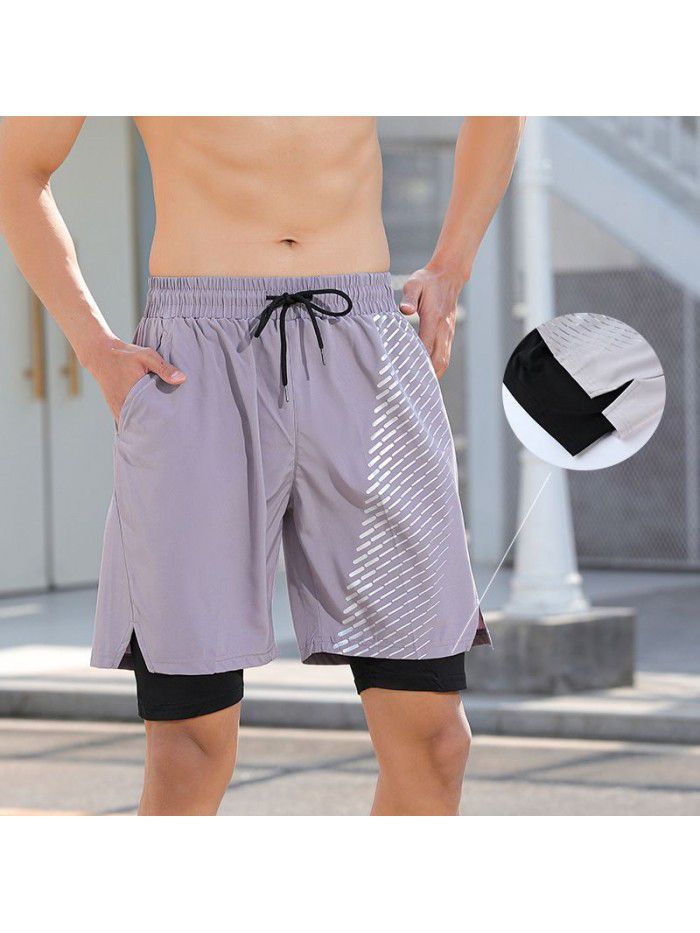 Fake Two Piece Double Layer Quick Drying Sports Shorts for Men's New Printed Breathable Split Running Fitness Capris 