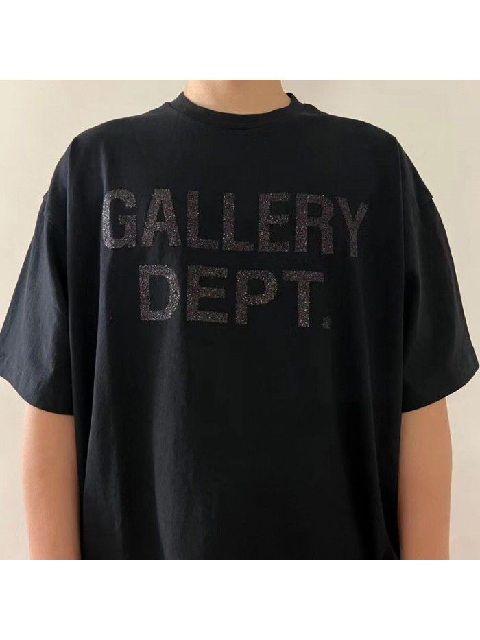 Black glitter pink letter printed loose fitting men's T-shirt short sleeved