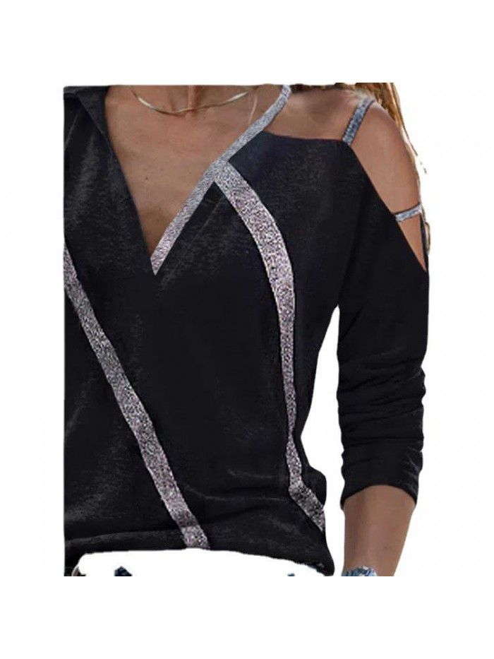 Spring New Top European and American Solid Color Off Shoulder Long Sleeve Casual Pullover Bright Gold Silk T-shirt Women 