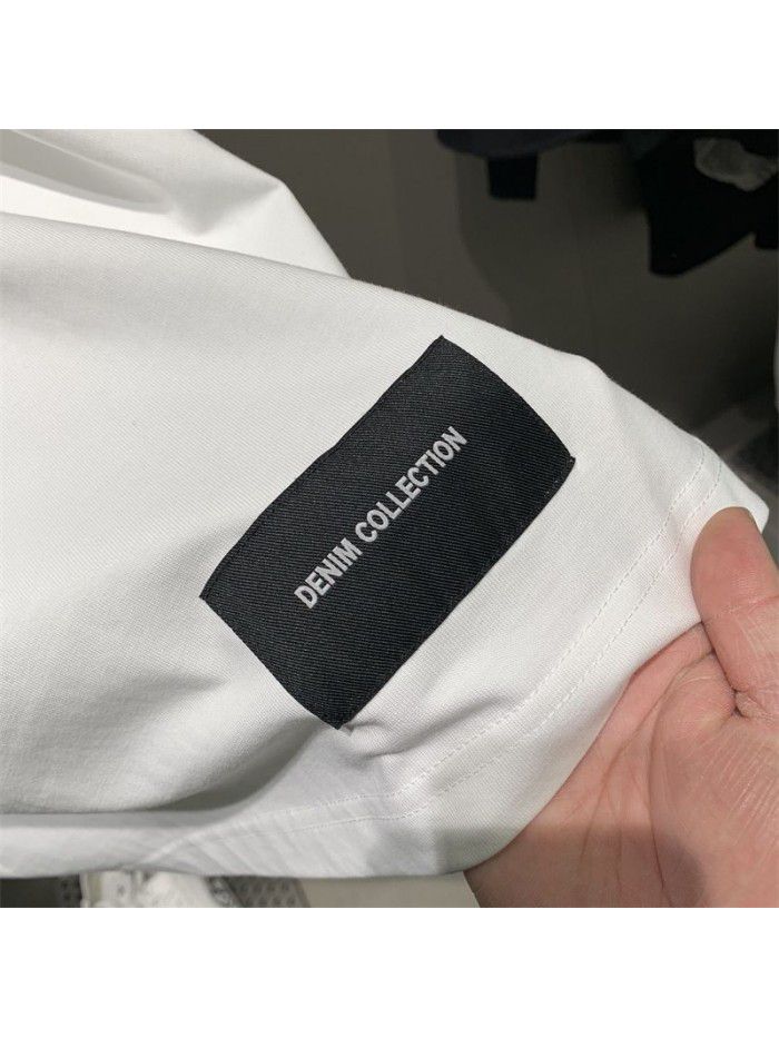 Men's Spring/Summer New Men's Denim Panel Wide White Short Sleeve T-shirt 