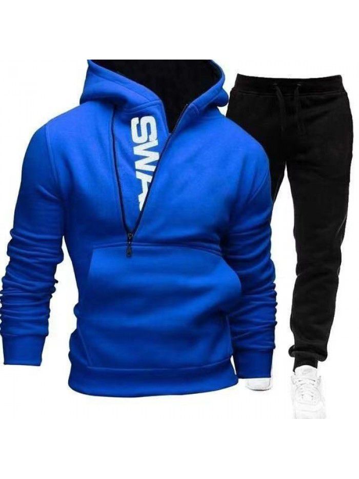 New Men's Hooded Oblique Zipper Print Pullover Two Piece Sweater Pants Outer Set 