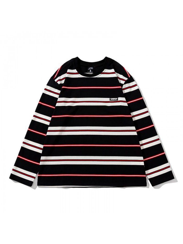 Men's retro street rainbow stripe t-shirt men's and women's loose fashion brand cotton long-sleeved couple round neck tee men 