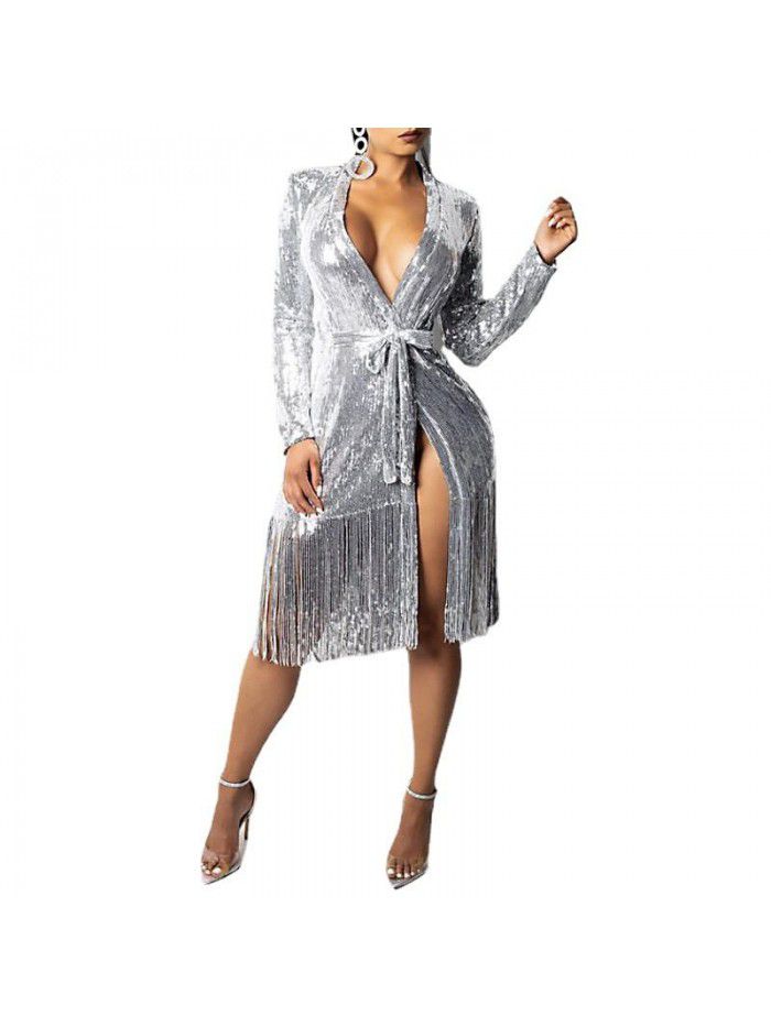 Deep V-neck sparkling sequin lace up long sleeved sexy split tassel dress 