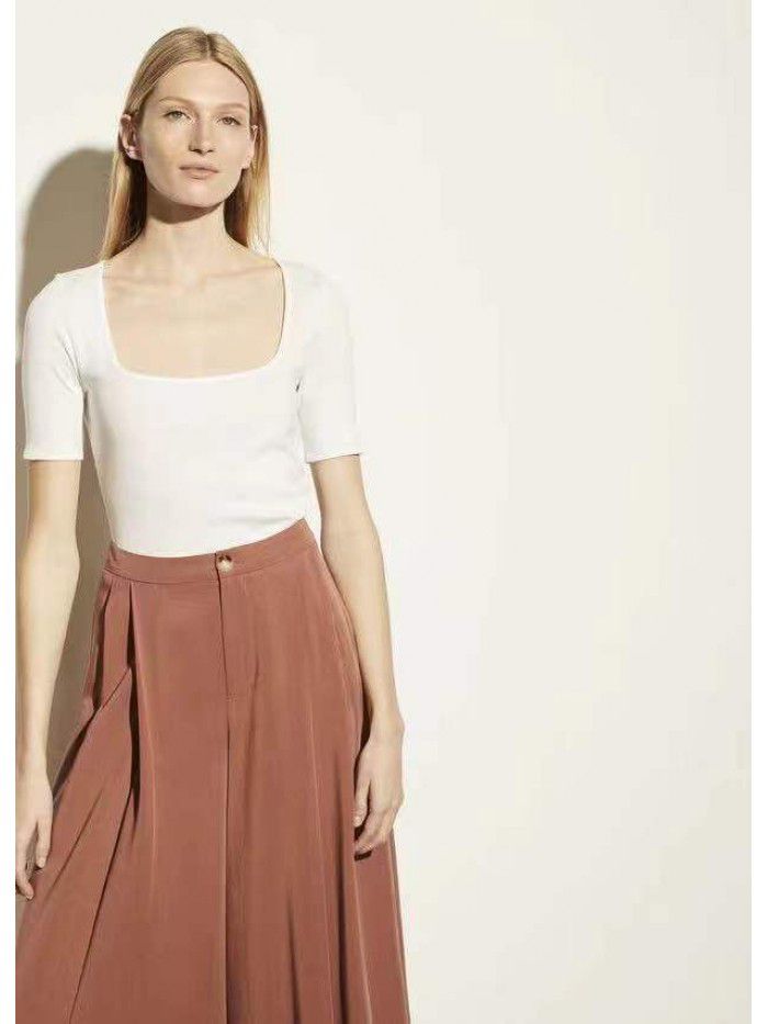 Women's T-shirt Cotton Style Commuter Square Neck Short Sleeve Slim Fit Solid Color T-shirt 