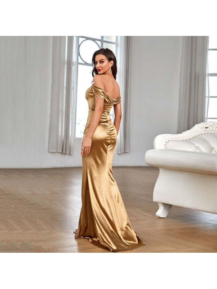 Premium Off Shoulder Colored Split Evening Dress Bridesmaid Dress Long Dress 