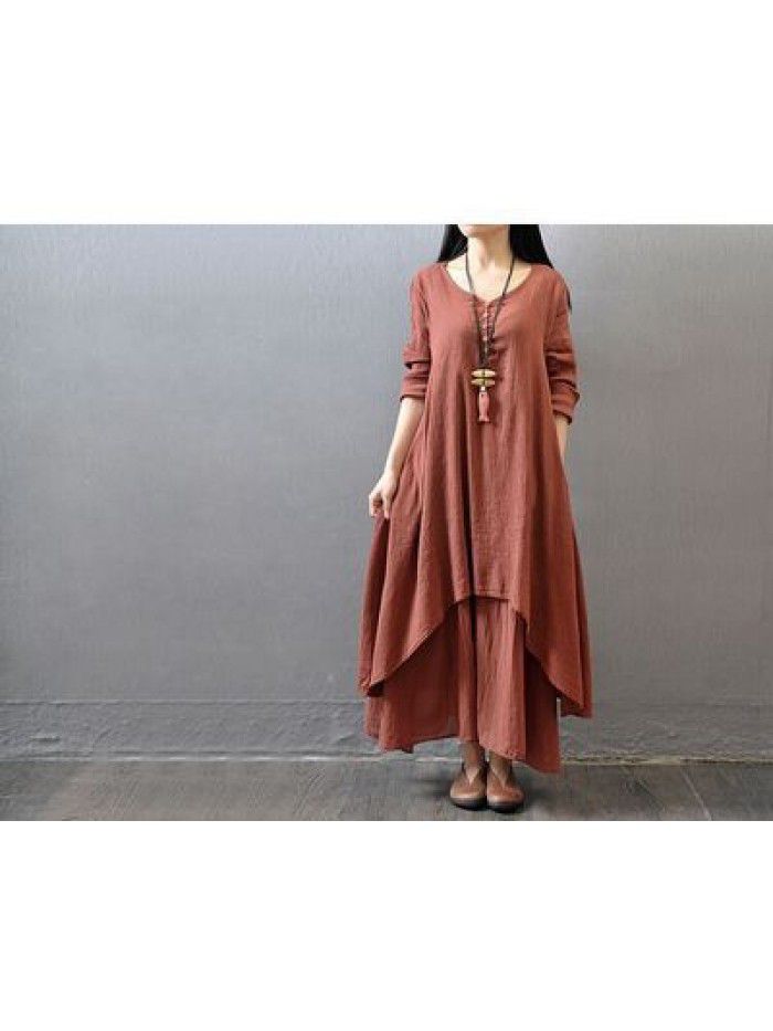 Spring and autumn holiday two-piece long skirt, artistic large linen dress, loose long-sleeved cotton and linen skirt 