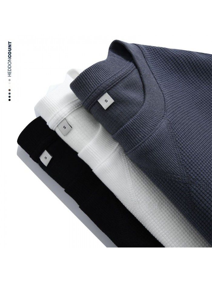 Waffle Long Sleeve T-shirt Men's Heavyweight Round Neck Loose Base Solid T-shirt 