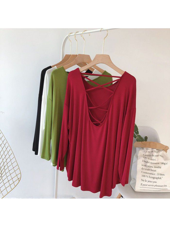 Sexy backless long sleeved T-shirt for women, loose fitting large size Korean autumn outfit, solid color drape, lazy dance dress 