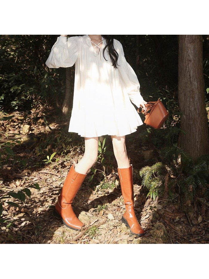 White V-neck dress for women's new early spring long sleeved tea break French haute couture dress summer 
