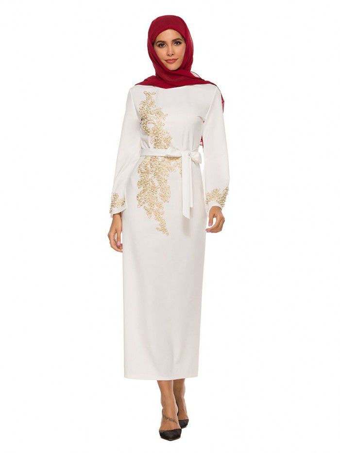 New Style Elegant Embroidery Long Dress Lace Beaded Flare Sleeve Lace Long Dress 