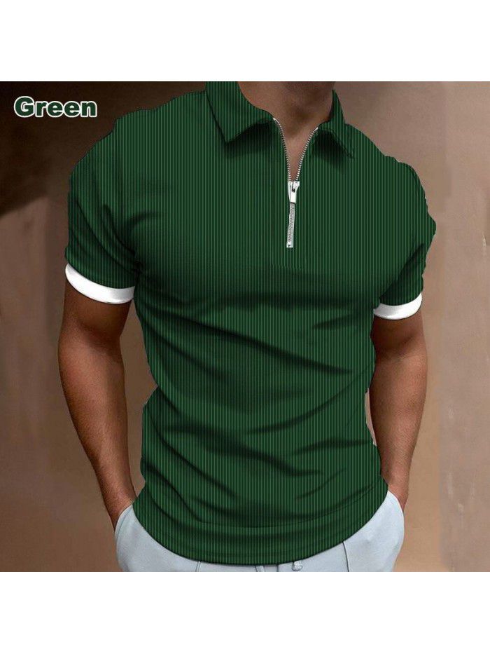 New men's POLO shirt Men's casual short sleeved lapel T-shirt 3D printed short sleeved zipper POLO 