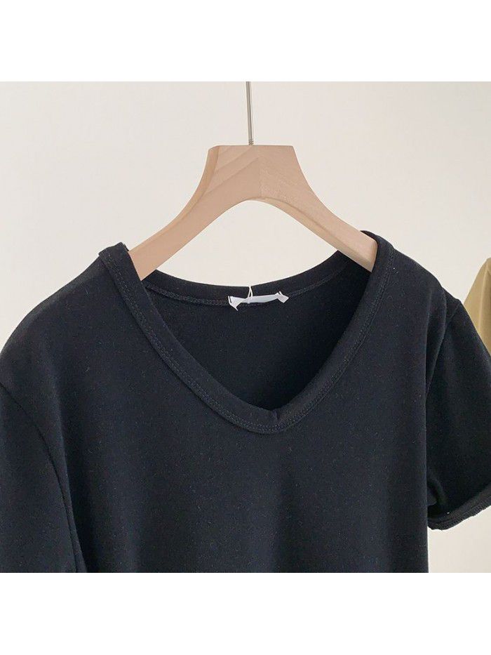 V-neck brushed T-shirt for women's early autumn new product temperament Korean Morandi solid color versatile short sleeved T-shirt for women 