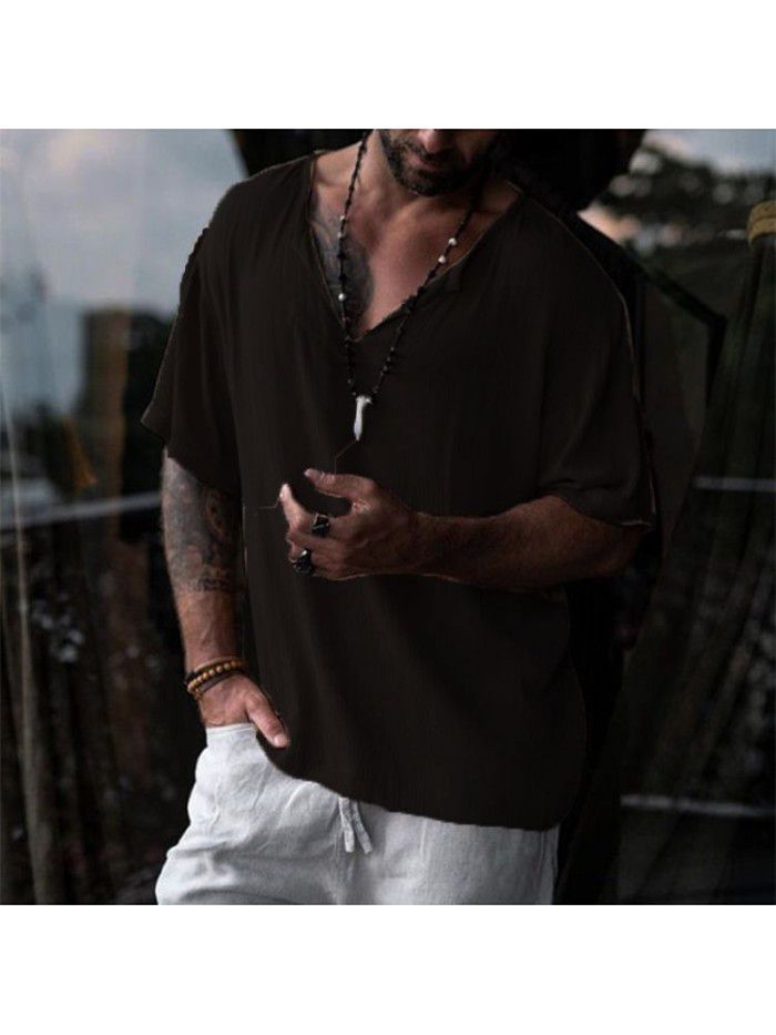 Men's cotton round neck shirt loose solid collar medium sleeved T-shirt with half sleeves 