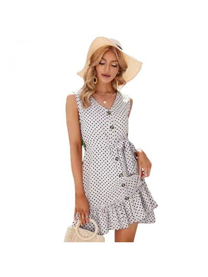 Summer Lace up V-neck Mid length Dress Temperament Commuter New Wave Dot Dress 