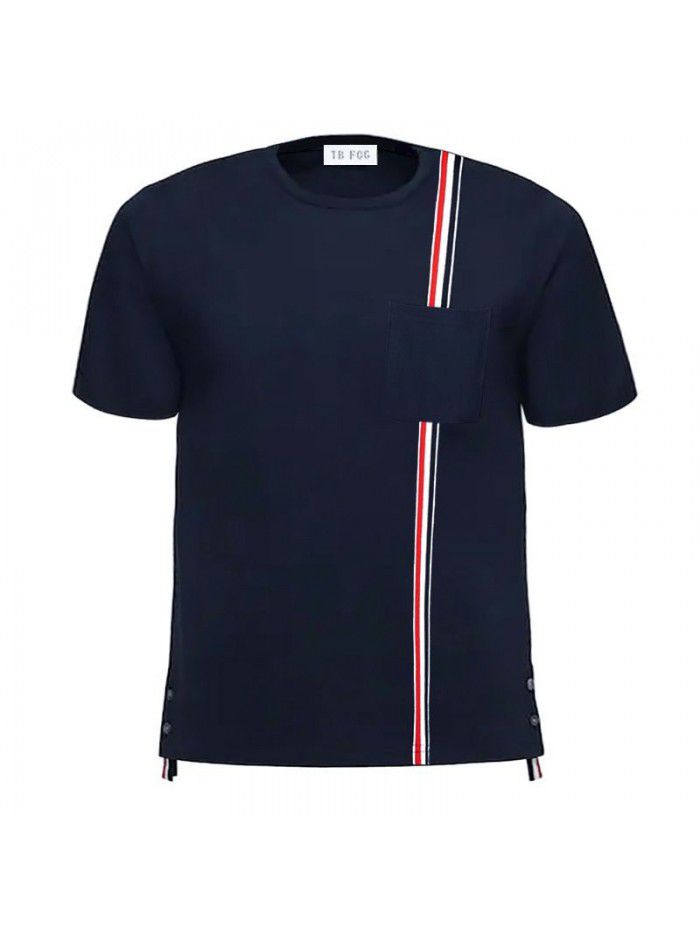 Pocket Red, White, Blue Ribbon Stripe Pure Cotton Summer Short Sleeve T-shirt Casual Fashion Male Couple 