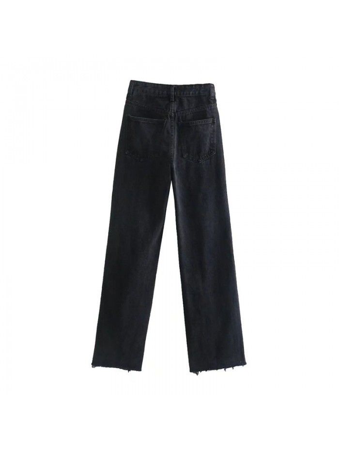 Women's Spring New Style Women's Washable Slim Perforated Decorative Wide Leg High Waist Jeans 