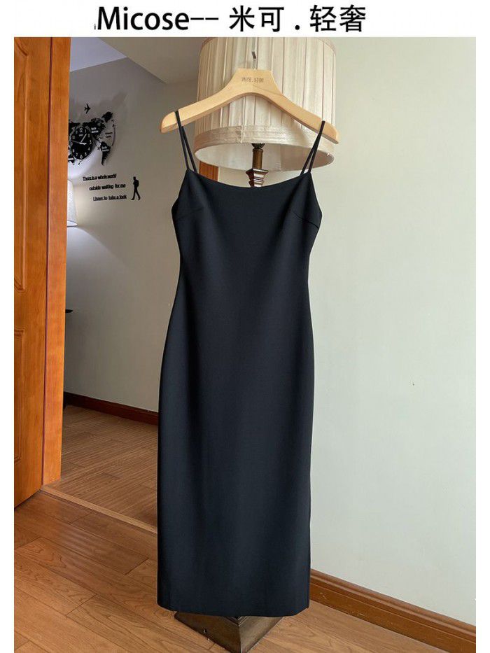 French suspender dress, spring/summer new style with side slit and long skirt trend 