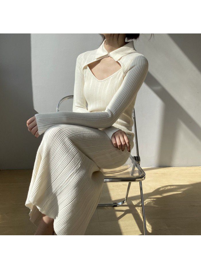 Slim Fake Two Piece Dress Women's Winter Celebrity Ladies Long Dress Temperament Slim Fit Skirt 