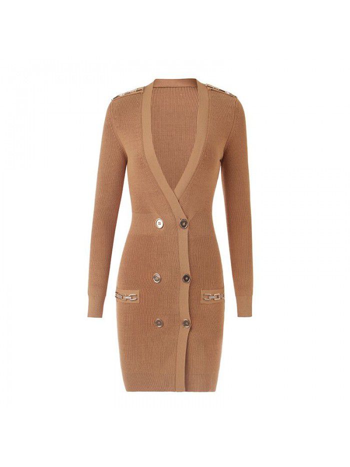 French Vintage Dress Early Autumn Metal Button Art Light Luxury Chain Decoration Wrap Hip Skirt Elastic Knit Skirt 