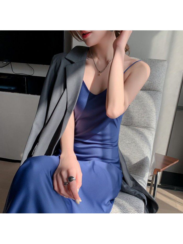 Sling Long Dress Sling Dress Women's Spring/Summer Underlay Suit Temperament French Acetic Acid Satin Long Dress 