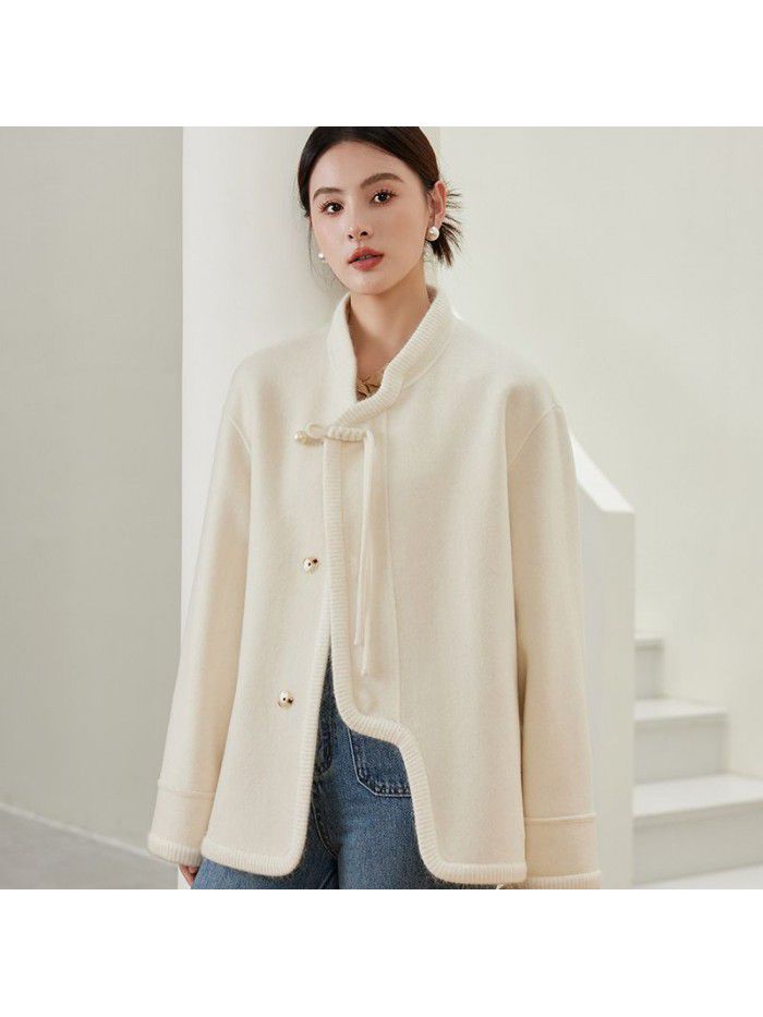 Double sided cashmere coat with button up for women's autumn and winter high-end woolen jacket