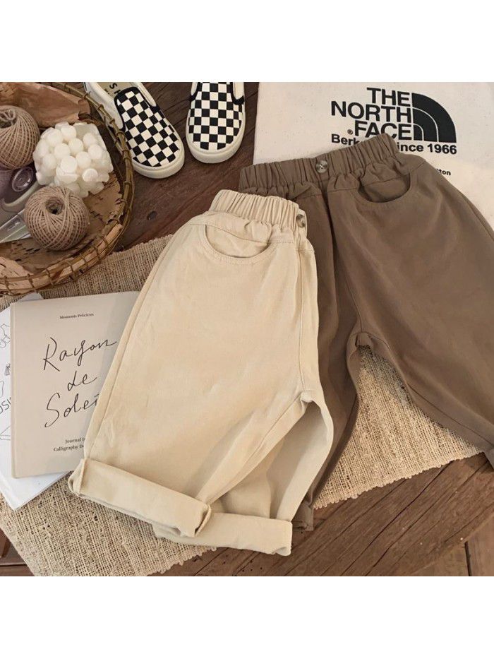 Boys' Japanese Spring and Autumn New Children's Cotton Pants for Children's Pants, Girls' Casual Pants, Solid Color, Fashionable 